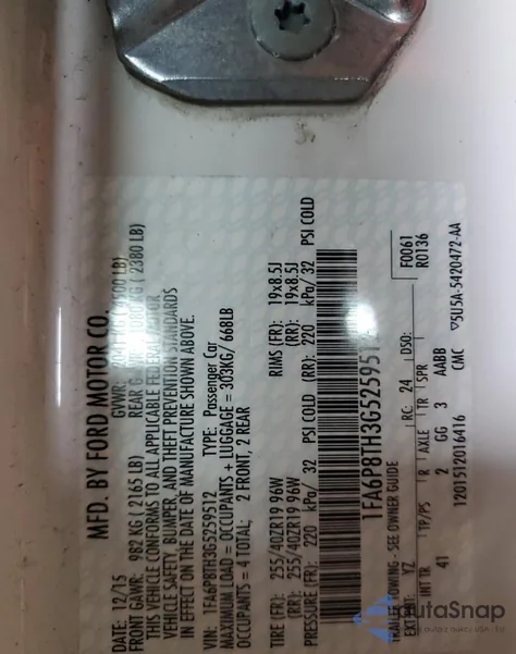 2016 Ford Mustang z USA, uszkodzony, nr VIN 1FA6P8TH3G5259512